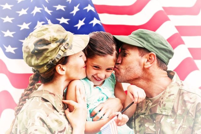 Military - Family Kissing Girl with American Flag Background